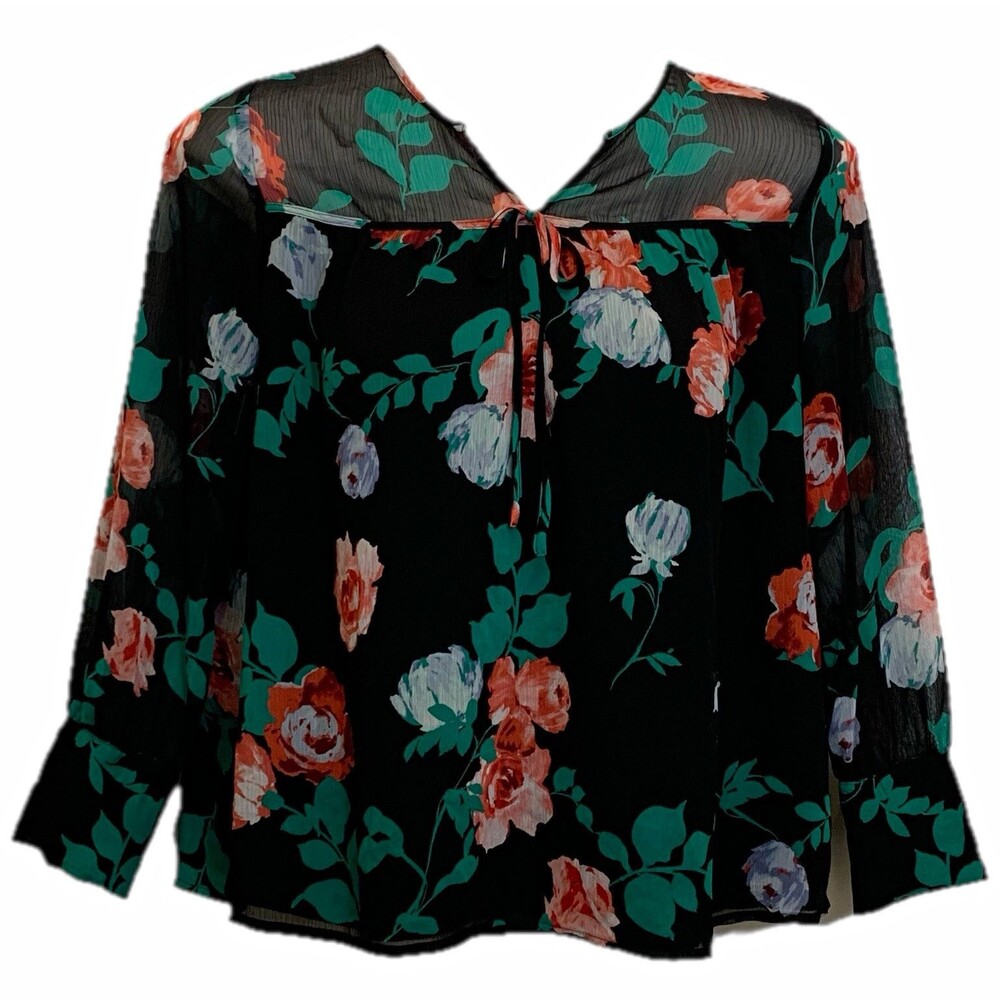 Apt. 9 Blouse Women's Size L Black Floral Chiffon Sheer Tie V-Neck 3/4 Sleeve